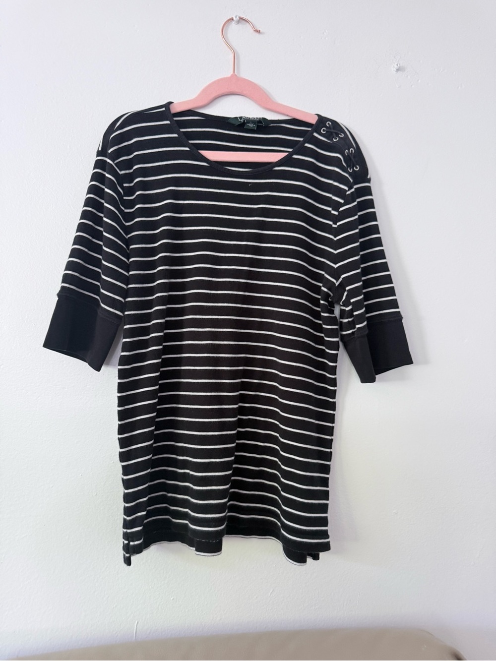 Lauren Ralph Lauren Black and White Striped Knit Top with Shoulder Button Detail